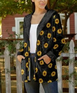Lily | Black & Yellow Sunflowers Velvet Hooded Open Cardigan - Women & Plus