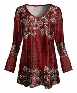 Lily | Red & Cream Damask Velvet Scoop Neck Tunic - Women & Plus