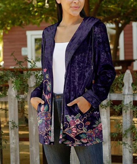 Lily | Purple & Pink Mandala Velvet Hooded Open Cardigan - Women 1 Lily | Purple & Pink Mandala Velvet Hooded Open Cardigan - Women