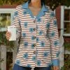 Lily | Brown & Blue Floral Stripe Chest-Pocket Button-Up Shacket - Women