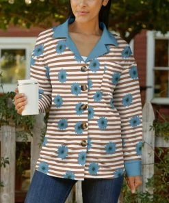 Lily | Brown & Blue Floral Stripe Chest-Pocket Button-Up Shacket - Women