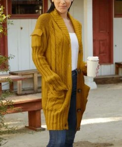 Lily | Gold Cable-Knit Pocket Open Cardigan - Women & Plus