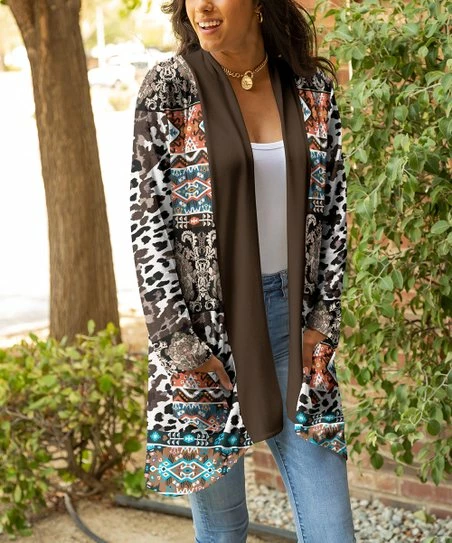 Lily | White & Brown Leopard Geometric Pocket Open Cardigan - Women 1 Lily | White & Brown Leopard Geometric Pocket Open Cardigan - Women