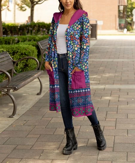 Lily | Blue & Fuchsia Floral Pocket Hooded Duster - Women 1 Lily | Blue & Fuchsia Floral Pocket Hooded Duster - Women