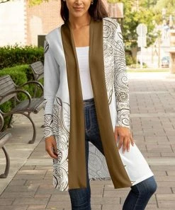 Lily | White & Brown Paisley Open Cardigan - Plus