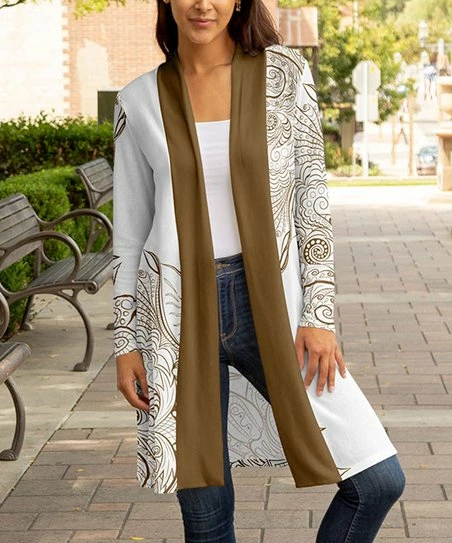Lily | White & Brown Paisley Open Cardigan - Plus 1 Lily | White & Brown Paisley Open Cardigan - Plus