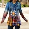 Lily | Blue & Yellow Floral Button-Accent Cowl Neck Tunic - Women