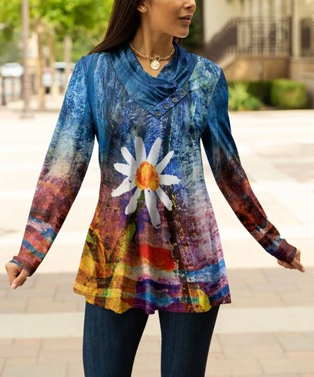 Lily | Blue & Yellow Floral Button-Accent Cowl Neck Tunic - Women 1 Lily | Blue & Yellow Floral Button-Accent Cowl Neck Tunic - Women