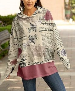 Lily | Beige & Mauve Newspaper Heart Hoodie - Plus