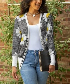 Lily | Gray & White Floral Snap-Button Cardigan - Women