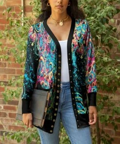 Lily | Turquoise & Black Abstract Pocket Snap-Button Cardigan - Plus