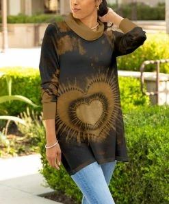 Lily | Black & Brown Abstract Heart Longline Cowl Neck Tunic - Plus