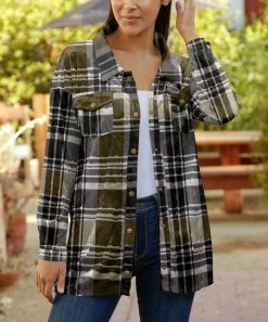 Lily | Olive & Black Plaid Velvet Snap-Up Shacket - Plus