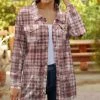 Lily | Taupe & White Plaid Velvet Snap-Up Shacket - Plus