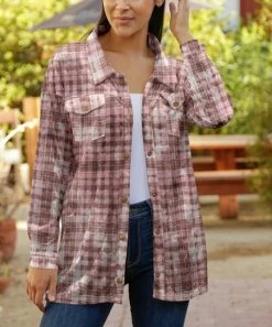 Lily | Taupe & White Plaid Velvet Snap-Up Shacket - Plus