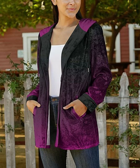 Lily | Black & Pink Ombré Velvet Pocket Open Hoodie - Women 1 Lily | Black & Pink Ombré Velvet Pocket Open Hoodie - Women