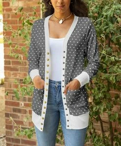 Lily | Gray & White Dot Snap-Up V-Neck Pocket Cardigan - Women