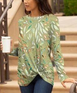 Lily | Olive & Green Leaves Knot-Hem Long-Sleeve Tunic - Plus