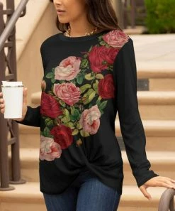 Lily | Black & Red Floral Knot-Hem Long-Sleeve Tunic - Women