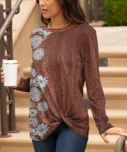 Lily | Brown & White Floral Knot-Hem Long-Sleeve Tunic - Women