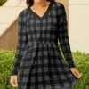 Lily | Gray & Black Plaid V-Neck Long-Sleeve Peplum Tunic - Women