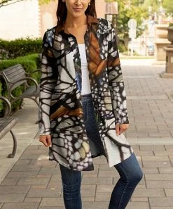 Lily | White & Brown Butterfly Wings Collared Button-Up Jacket - Women