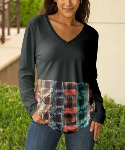 Lily | Gray & Red Abstract Plaid V-Neck Top - Plus