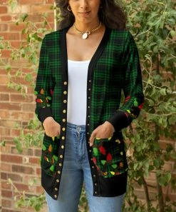 Lily | Green & Black Abstract Plaid Pocket Snap-Button Cardigan - Plus