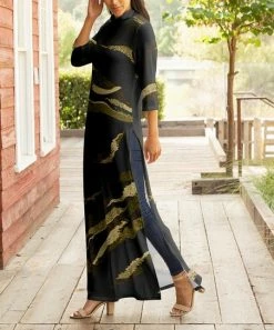 Lily | Black & Olive Abstract Three-Quarter Sleeve Side-Slit Maxi Dress - Women & Plus