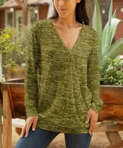 Lily | Olive & Green Striated Long-Sleeve V-Neck Wrap Tunic - Plus