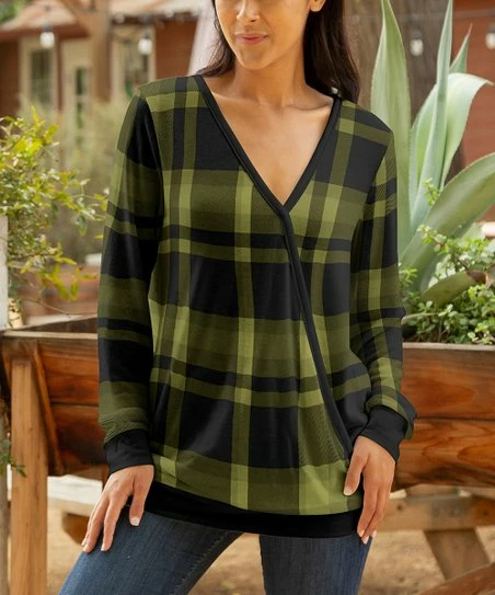 Lily | Green & Black Plaid Long-Sleeve V-Neck Wrap Tunic - Women 1 Lily | Green & Black Plaid Long-Sleeve V-Neck Wrap Tunic - Women