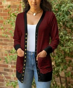 Lily | Black & Red Stripe Pocket Snap-Button Cardigan - Plus