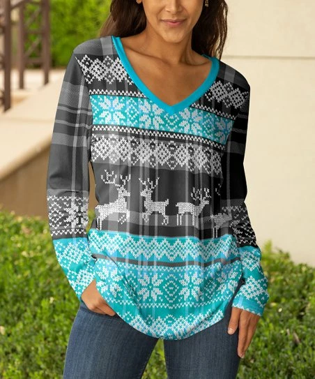 Lily | Gray & Aqua Fair Isle V-Neck Top - Women & Plus 1 Lily | Gray & Aqua Fair Isle V-Neck Top - Women & Plus