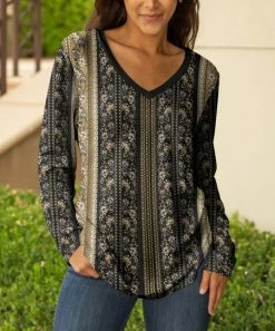 Lily | Black & Beige Floral Stripes Long-Sleeve V-Neck Tunic - Plus