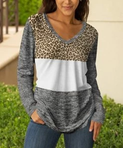 Lily | Gray & Brown Leopard Color Block Long-Sleeve V-Neck Tunic - Women & Plus