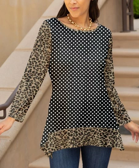Lily | Black & Beige Polka Dot Leopard Long-Sleeve Boatneck Tunic - Women & Plus 1 Lily | Black & Beige Polka Dot Leopard Long-Sleeve Boatneck Tunic - Women & Plus