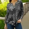 Lily | Gray & White Floral Long-Sleeve Notch Neck Top - Plus