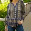 Lily | Navy & Beige Geometric Stripes Long-Sleeve Notch Neck Top - Women