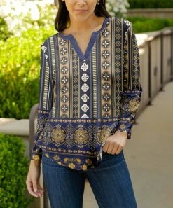 Lily | Navy & Beige Geometric Stripes Long-Sleeve Notch Neck Top - Women