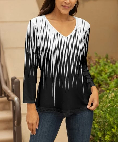 Lily | Black & White Abstract Lines Long-Sleeve V-Neck Top - Women 1 Lily | Black & White Abstract Lines Long-Sleeve V-Neck Top - Women