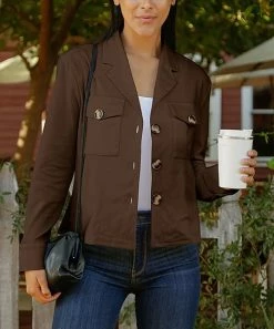 Lily | Brown Collared Pocket Button-Up Jacket - Women & Plus