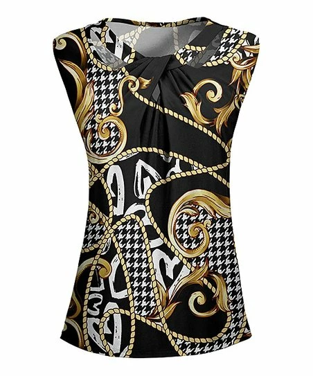 Lily | Black & Gold Houndstooth Status Twist-Keyhole Sleeveless Tunic - Women 1 Lily | Black & Gold Houndstooth Status Twist-Keyhole Sleeveless Tunic - Women