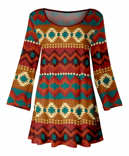 Lily | Red Multicolor Fair Isle Geometric Long-Sleeve Boatneck Tunic - Women & Plus 1 Lily | Red Multicolor Fair Isle Geometric Long-Sleeve Boatneck Tunic - Women & Plus