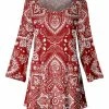 Lily | Red & White Mandala Long-Sleeve Boatneck Tunic - Plus