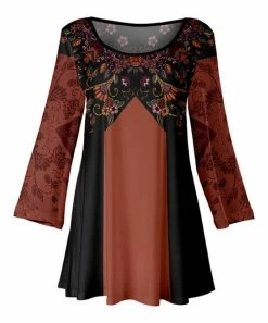 Lily | Rust Multicolor Abstract Floral Long-Sleeve Boatneck Tunic - Women & Plus