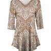 Lily | Tan Multicolor Mandala Three-Quarter Sleeve V-Neck Tunic - Plus