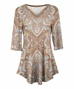 Lily | Tan Multicolor Mandala Three-Quarter Sleeve V-Neck Tunic - Plus