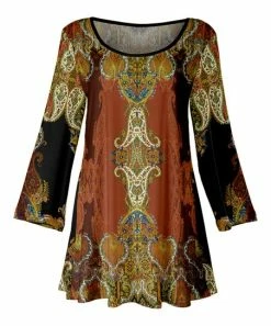 Lily | Rust & Gold Filigree Long-Sleeve Boatneck Tunic - Women