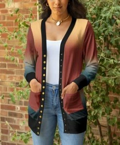 Lily | Rust & Navy Ombré Button-Up V-Neck Cardigan - Plus