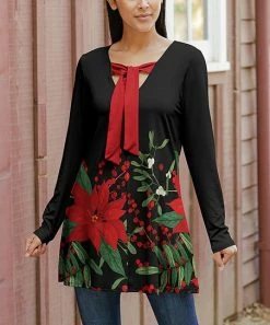 Lily | Black & Red Poinsettia Tie-Front Tunic - Women
